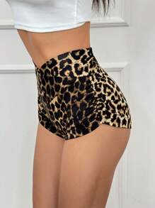 Muchica Leopard Print Cross Waistband Ruched Slim Fit Super Short Shorts - Black - View 1