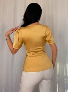 Elenzga Damska satynowa bluzka w jednolitym kolorze z kwadratowym kołnierzykiem i bufiastymi rękawami