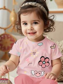 SHEIN 女婴休闲简约短袖圆领上衣，适合夏季 - 白色 - 查看 6