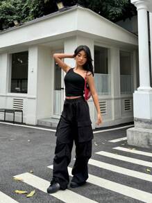 SHEIN Ensemble débardeur sans manches et pantalon ample dans un style sportif et streetwear noir pour ados filles - Noir - Voir 3