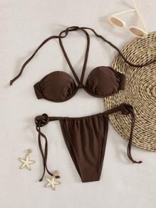 Swim Vcay Set de 2 piezas de bikini con top de cuello de halter con relleno suave y extraíble, con marco de acero sólido de color marrón, simple y sexy para vacaciones - Marrón - Ver 5