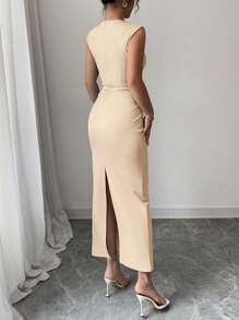 Elenzga 女士优雅蓝色圆领无袖开衩前修身中长连衣裙，适合春夏季外出、约会、聚会、徒步旅行、情人节、婚礼 - 杏色 - 查看 2