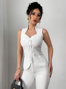 Elenzga Classic Solid Color Textured Mandarin Collar Cinched Waist Front Tied Camisole - White - View 4
