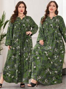 Lacomfia 女士 V 领长袖亚麻印花优雅精致舒适通勤清爽大码连衣裙