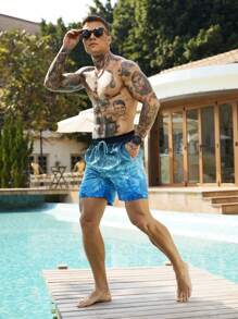 Surfspeed 男士休闲沙滩短裤，简约日常穿着，夏威夷风 - 藍色 - 查看 5