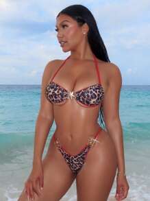 Swim SXY 2pcs Women Leopard Print Bikini Set With Contrast Trim And Golden Starfish Decor, For Summer Beach Vacation - Multicolor - View 4