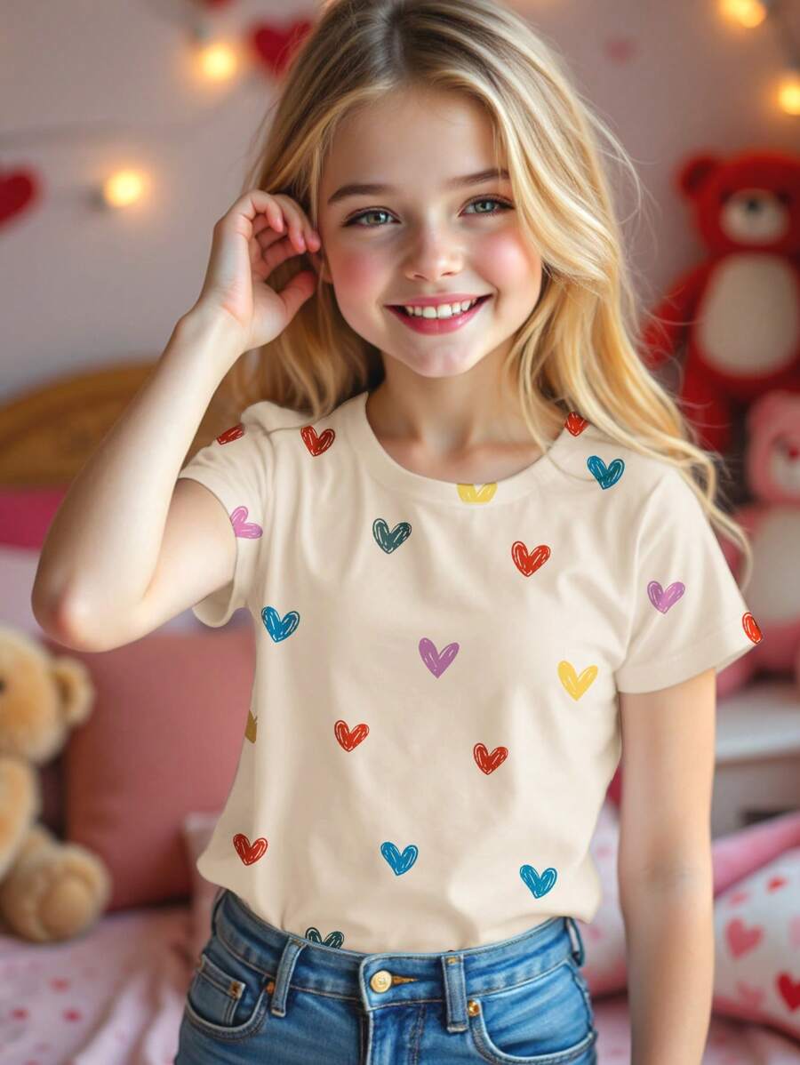 SHEIN Tween 女童休闲简约短袖圆领 T 恤，紧身，适合夏季