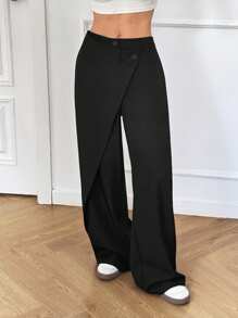 SHEIN EZwear 女士梭织宽腿宽松长裤 - 黑色 - 查看 5