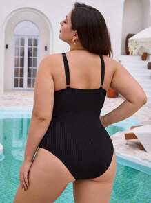 SHEIN Swim Curve Plus Size Black One-Piece Swimsuit With Rhinestone Double-Ring Embellishment