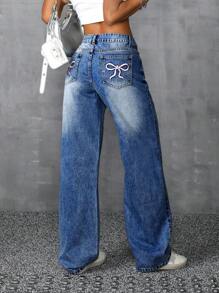 SHEIN ICON Casual Bowknot Embroidered Washed Straight-Leg Jeans