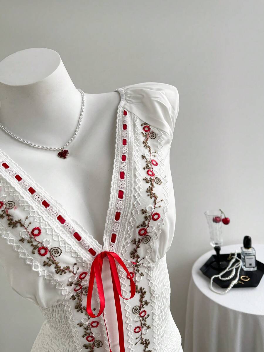 Elamini 女式清爽精致荷叶边褶皱前刺绣系带短袖衬衫，春夏 - 白色 - 查看 1