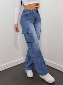 SHEIN ICON Women's Loose Casual Versatile Multi-Pocket Straight-Leg Jeans - Dark Wash - View 5