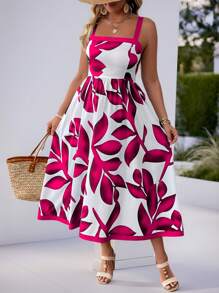 SHEIN Clasi Plus Size Fashionable Resort Style Random Floral Print Maxi Slip Dress, Summer - Hot Pink - View 7