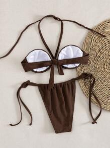 Swim Vcay Set de 2 piezas de bikini con top de cuello de halter con relleno suave y extraíble, con marco de acero sólido de color marrón, simple y sexy para vacaciones - Marrón - Ver 2