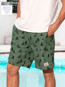 Manfinity Swimmode Men's Sailing Graphic Drawstring Waist Casual Beach Shorts - Green - View 1