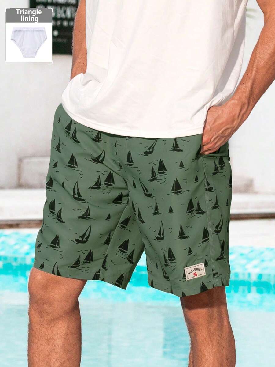 Manfinity Swimmode Men's Sailing Graphic Drawstring Waist Casual Beach Shorts - Green - View 1