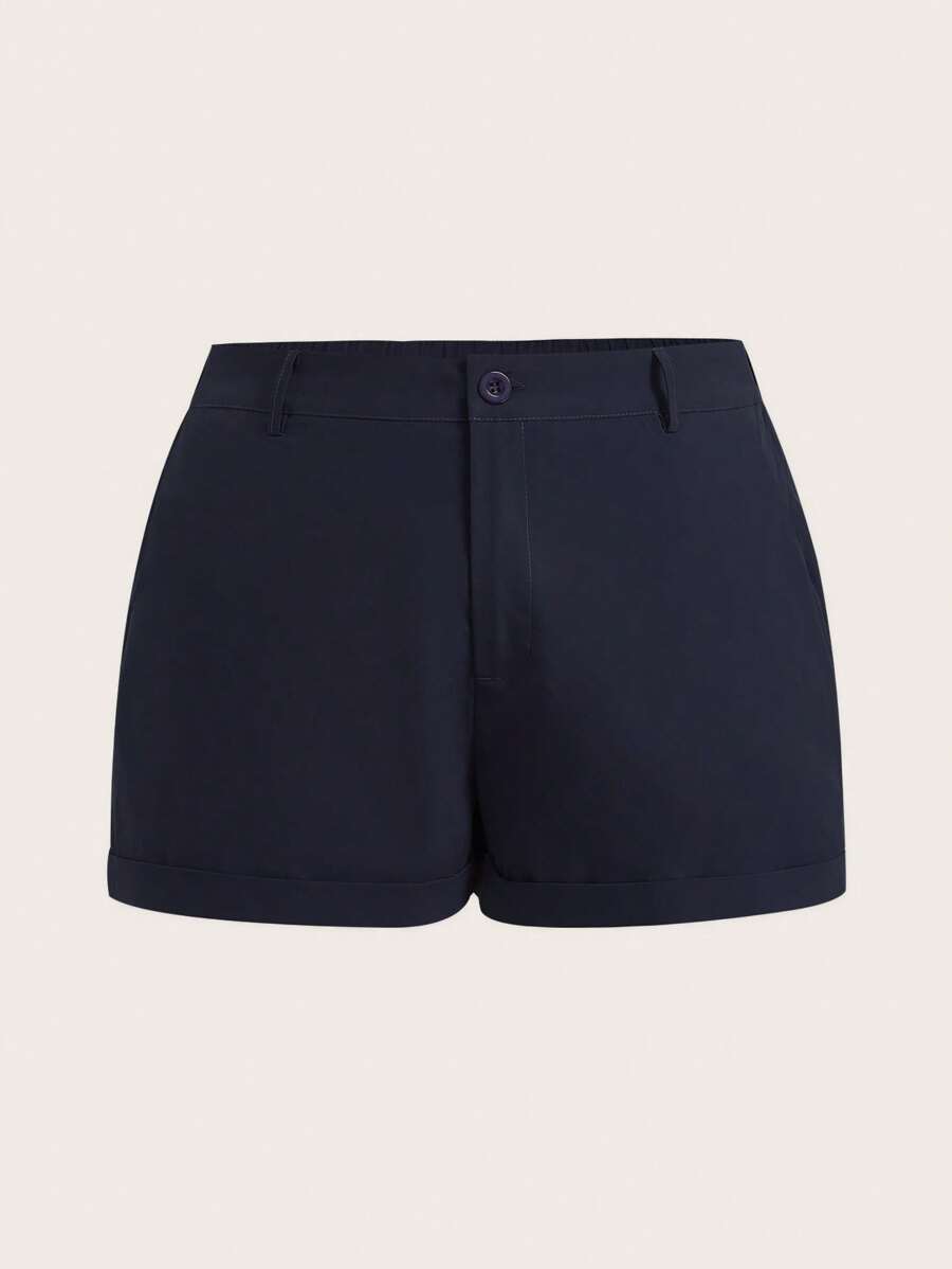 SHEIN EZwear 大码女式纯色休闲百搭时尚短裤 - 藏蓝色 - 查看 1