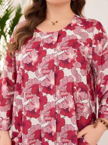 Lacomfia Women Plus Size Casual Loose Round Neck Long Sleeve Pocket Linen-Like Printed Comfortable Dress - Multicolor - View 5
