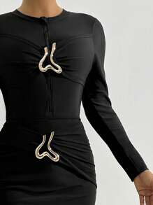 Swim Mulvari 3pcs Women's Metal Decor Solid Color Burkini Set For Beach For Summer Beach Vacation - Black - View 5