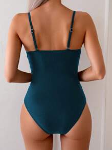 Women's Elegant Fashion Mesh Panel Strappy Ruched Back One-Piece Swimsuit For Beach Summer - Teal Blue - View 2