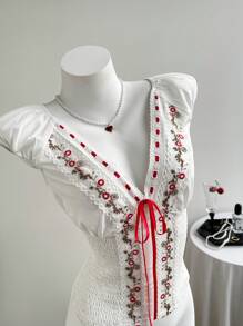 Elamini 女式清爽精致荷叶边褶皱前刺绣系带短袖衬衫，春夏 - 白色 - 查看 6