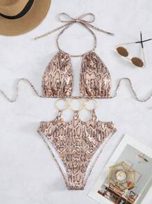 Swim SXY 全新欧美女式蛇皮纹特殊材质环肩带性感连体泳衣 - 彩色 - 查看 5