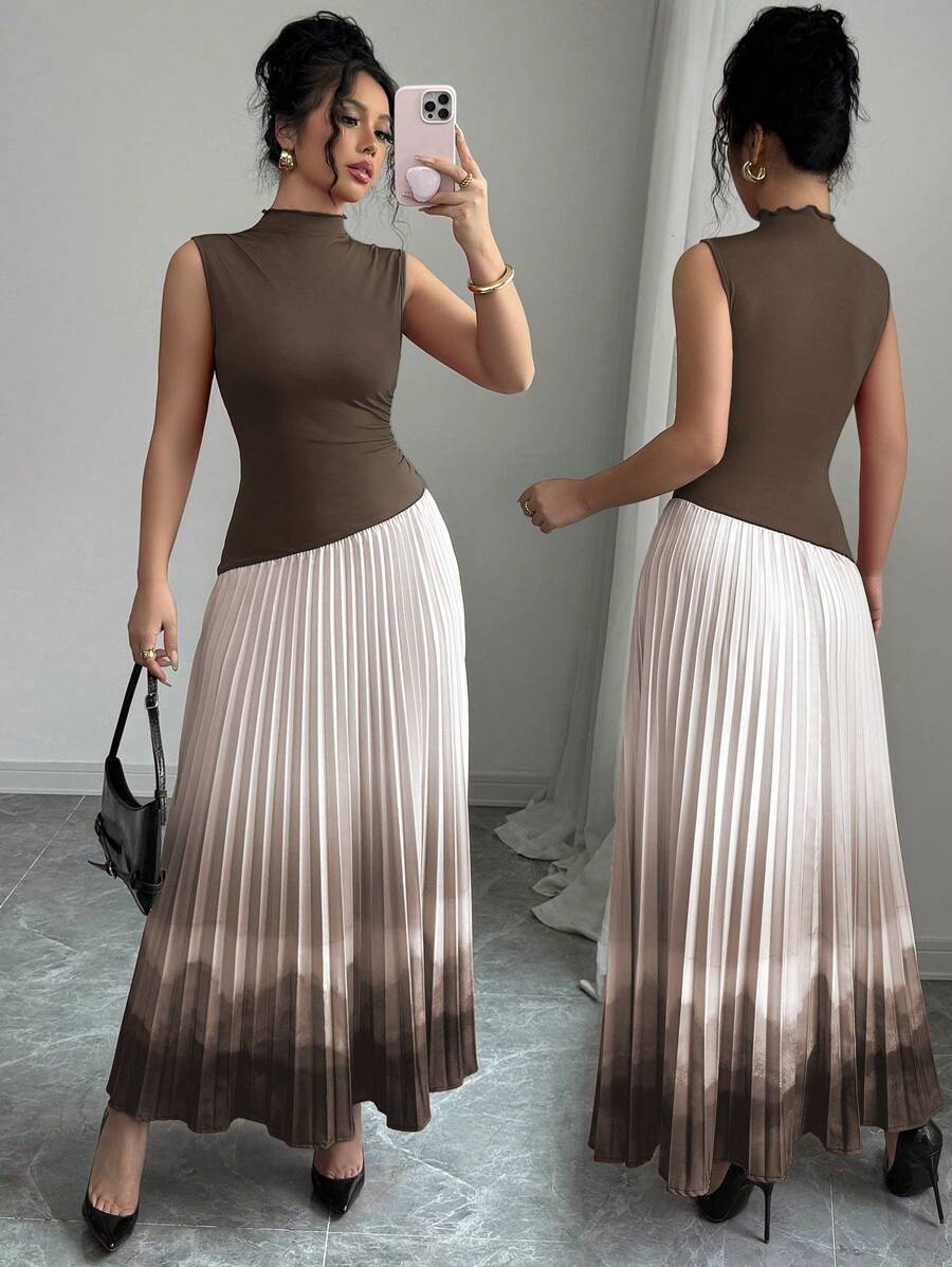 Elenzga Women's Elegant Party Cocktail Dress With Pleated Floral Print, Suitable For Carnival, Easter, Chinese New Year, Red, Pleated, Pink Color Block Asymmetrical Splice Design, Sleeveless Stand Collar Tie Dye Dress, Summer - Coffee Brown - View 1