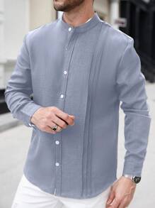 Manfinity Homme Áo sơ mi nam tay dài màu trơn giản dị, họa tiết đơn giản, nhăn, họa tiết trơn, chất liệu vải mỏng, nhẹ, trưởng thành, cài nút, thích hợp mặc khi đi làm, mặc vào mùa thu - Màu xanh lam - Xem 4