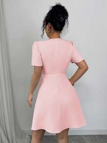 Elenzga Women's Solid Color Elegant French Style Commute Crossed V-Neck Double-Breasted Decorative Big Hem A-Line Short Sleeve Mini Dress, Spring/Summer - Pink - View 2