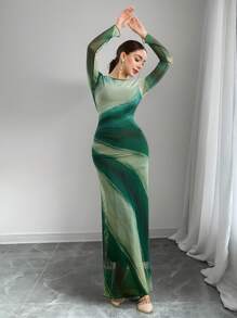 Graceveil Elegant Round Neck Mesh Floral Print Women Dress, Spring/Summer - Multicolor - View 6