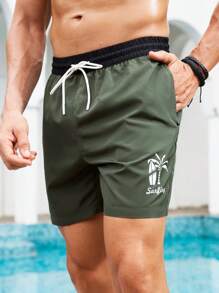 Surfspeed Men's Letter & Palm Tree Print Drawstring Waist Casual Beach Shorts - Army Green - View 6