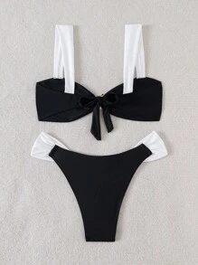 SHEIN Summer Beach Holiday Women 2pcs Set Metal Strap Crop Top & Wide Leg Pants Bikini Set