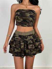 SHEIN Teen Girls Spring/Summer 2pcs/Set Y2K Camo Print Cropped Tube Top And Super Mini Skirt