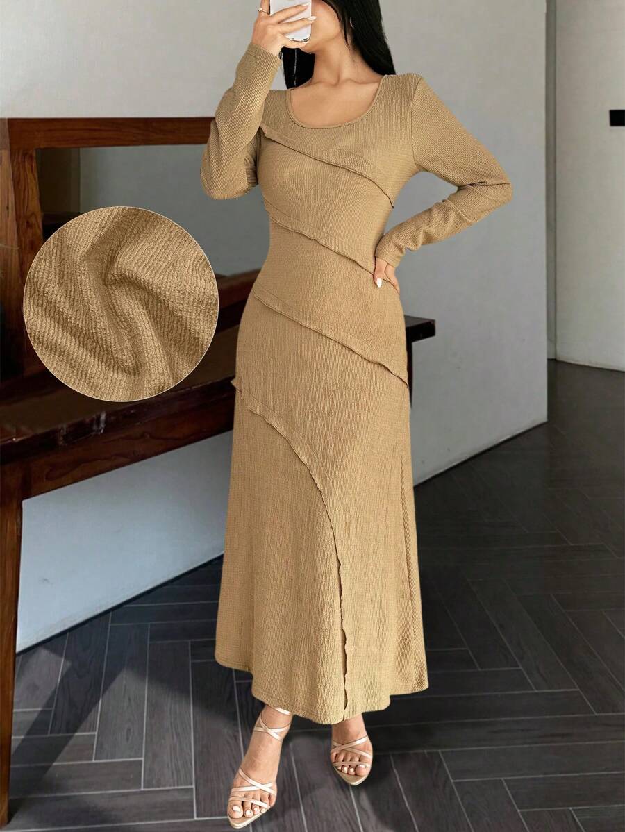 Modelyn 女士纯色圆领长袖优雅连衣裙