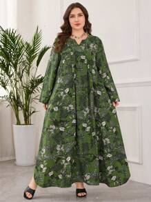 Lacomfia 女士 V 领长袖亚麻印花优雅精致舒适通勤清爽大码连衣裙