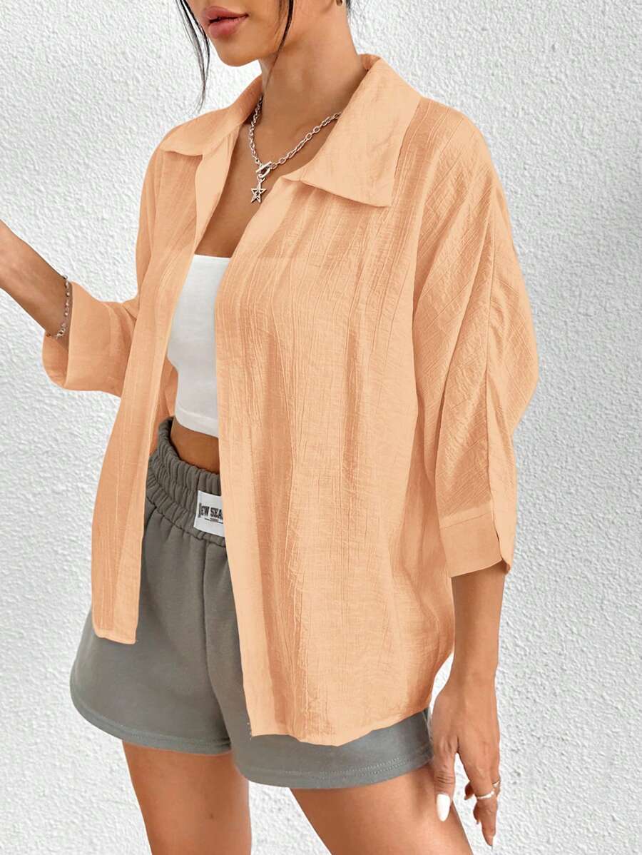 SHEIN PETITE Spring White Solid Batwing Sleeve White Shirt - Pink - View 1