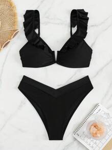 SHEIN Swim New Stylish Women 2 Pieces Bikini Set, Simple Solid Color Deep V Ruffle Cross Front Sexy Swimwear For Summer Beach Vacation - Black - View 3