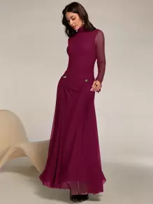 Modelyn Long Sleeve Ruffled Mesh Contrast Maxi Arabic Style Dress Long Evening Dresses - Red Violet - View 1