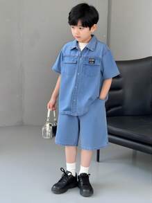 2 Stücke/Set Stylisches Jungen Outfit aus Denim, Kurzarm Hemd & Denim Shorts