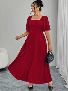 Modelyn Plus Size Red Knit Short Sleeve Empire Waist A-Line Dress - Red - View 5