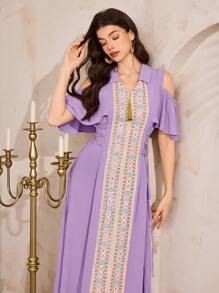 Al Najma Women's Elegant Sequin Embroidery Off Shoulder Arabian Style Dress - Purple - View 3
