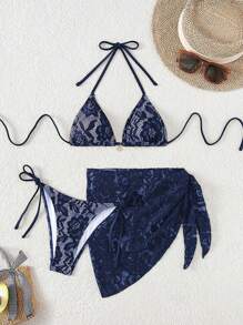 3pcs Women Beach Summer Swimwear Set - Blue - View 1