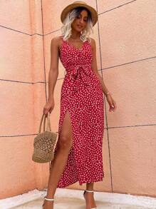 Breezaya Allover Print Slit Hem Belted Cami Dress Maxi Vacation Beach Outfits Women - Red - View 6