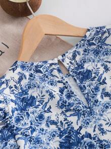 SHEIN 2pcs/Set Tween Girls Woven Floral Print Crew Neck Puff Sleeve Top And Bow Decor A-Line Skirt, French Resort Style, Suitable For Spring Outing And Vacation