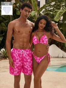 Manfinity VDAYZ Men's Beach Shorts Drawstring Waist Front Tie Pocket Tie Dye Flower Print Beach Vacation Hawaiian - Red - View 1