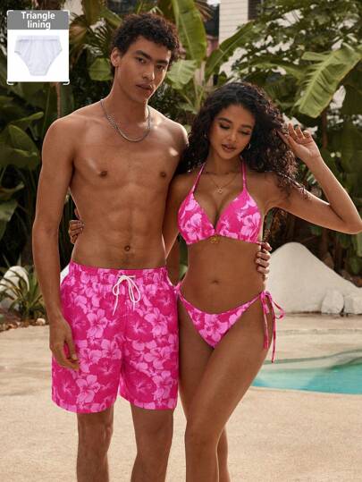 Manfinity VDAYZ Shorts de playa con estampado floral y nudo delantero para hombres, informales para vacaciones, hawaianos