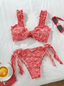 Swim Mod Jacquard Thick Strap Wireless Crop Top And Side Tie Swim Bottom, Cute Women 2 Pieces Swimwear Summer Beach Outfits - Red and White - View 6