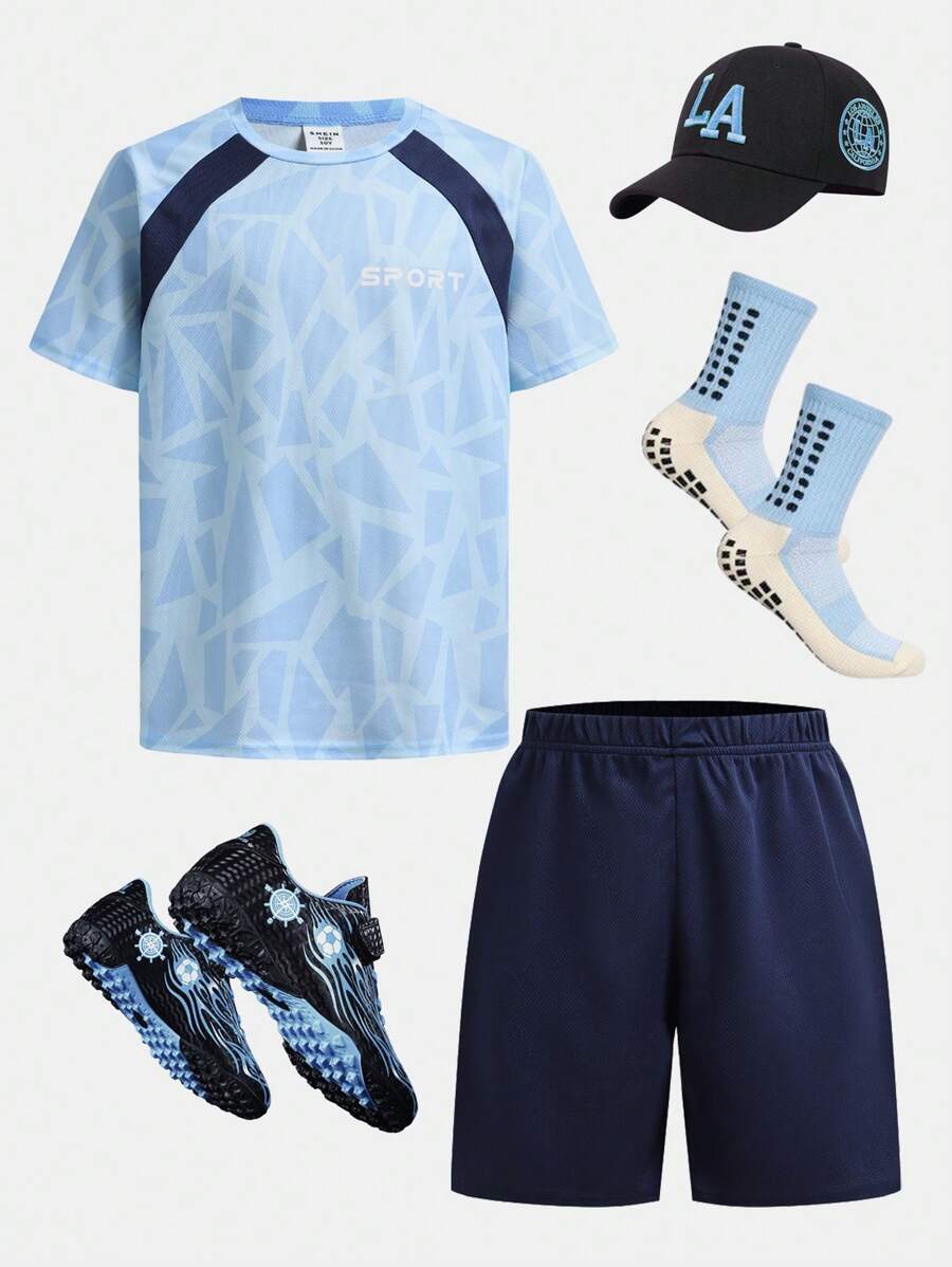 SHEIN 2pcs Tween Boy Casual Sports Pattern Fabric Round Neck Short Sleeve T-Shirt And Shorts Set, Suitable For Commuting, School, Daily Casual, Sports, Running, Basketball, Outdoor Activities, Spring/Summer - Blue - View 1