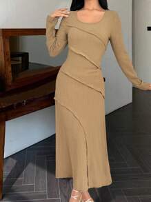 Modelyn 女士纯色圆领长袖优雅连衣裙