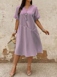 大码女式夏季条纹宽松休闲连衣裙，缺口 V 领和短袖，超长女装